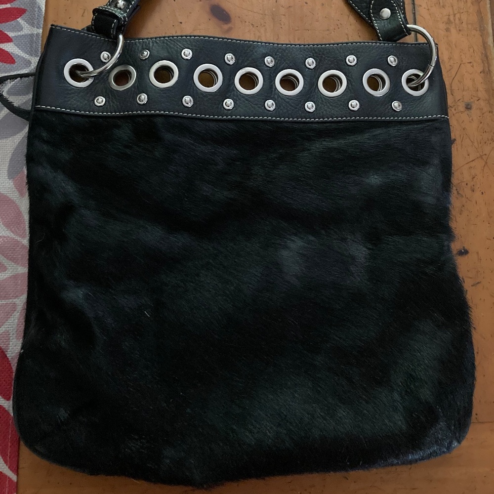 Aqua Madonna Black Leather Calf Hair Shoulder Bag Grommets Stud Accents NWT